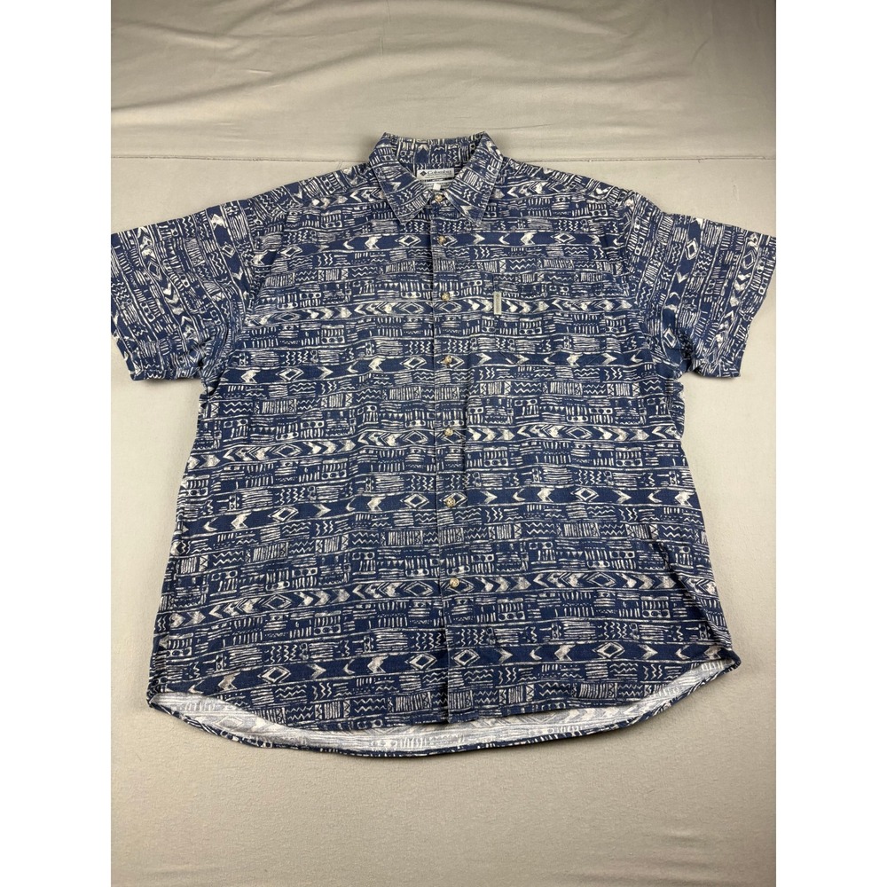 Columbia Sportswear Mens XL Blue Tribal Geometric Print Short Sleeve Button Down